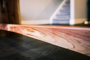 Japanese shaped trestle, Juniper Bookmatched Desk